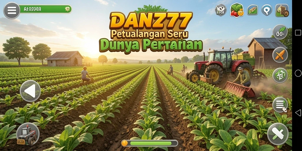 Tangkapan layar gameplay DAN777 yang menampilkan ladang hijau dan beragam tanaman.