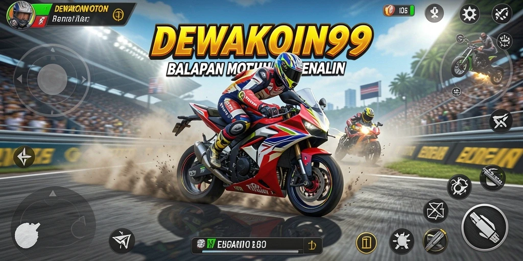 Tampilan utama gameplay DEWAKOIN99 dengan balapan motor yang seru.