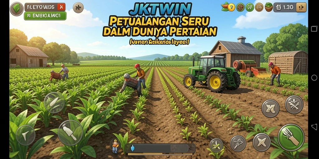 Screenshot gameplay JKTWIN yang menampilkan ladang hijau dan hewan ternak.