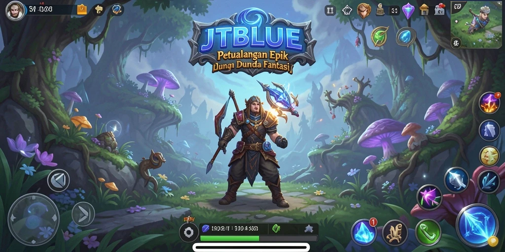 Tangkapan layar JTBLUE menampilkan pertarungan epik dan karakter menawan.
