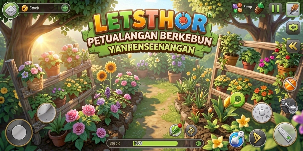 Tampilan gameplay yang menarik dari LETSTHOR dalam suasana berkebun.