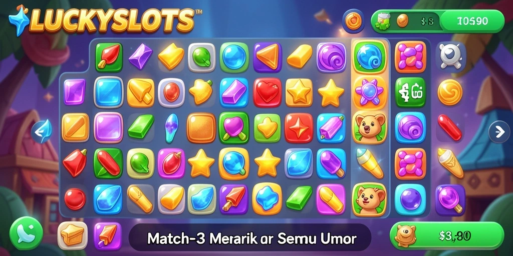Screenshot utama dari gameplay seru LUCKYSLOTS yang menampilkan aksi Match-3.