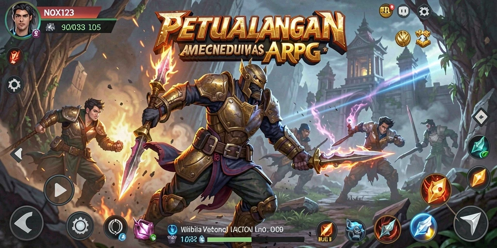 Tampilan gameplay seru di NOX123 dengan aksi ARPG yang mendebarkan.