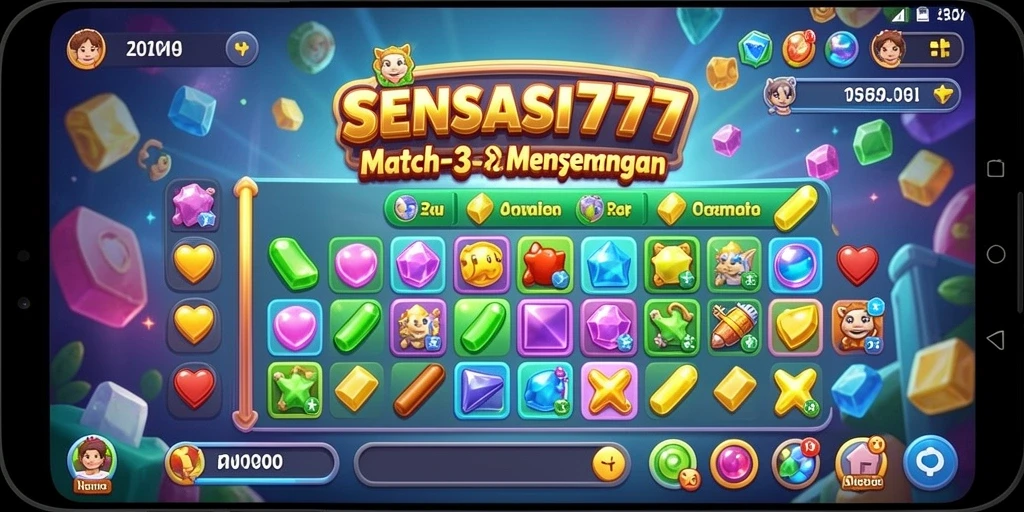 Tampilan gameplay seru SENSASI777 dengan aksi Match-3 yang mendebarkan.