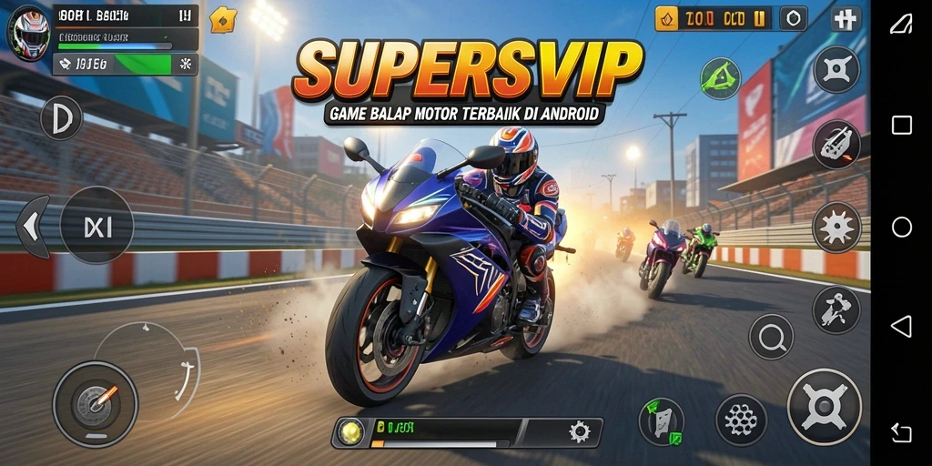 Screenshot gameplay SUPERSVIP yang menunjukkan aksi balapan motor yang mendebarkan.
